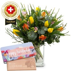 Flower bouquet «Swiss Spring Flowers» with Munz bar of chocolate «Happy Birthday»
