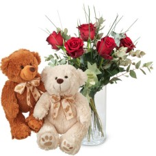 5 Red Roses with greenery and two teddy bears