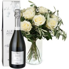 12 White Roses With Greenery And Prosecco Albino Armani Doc (Minimum)