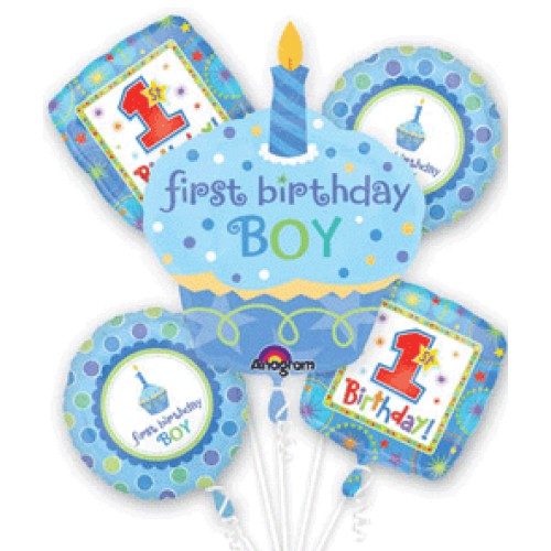 Giant 1st First Birthday Boy Cupcake Balloon Bouquet
