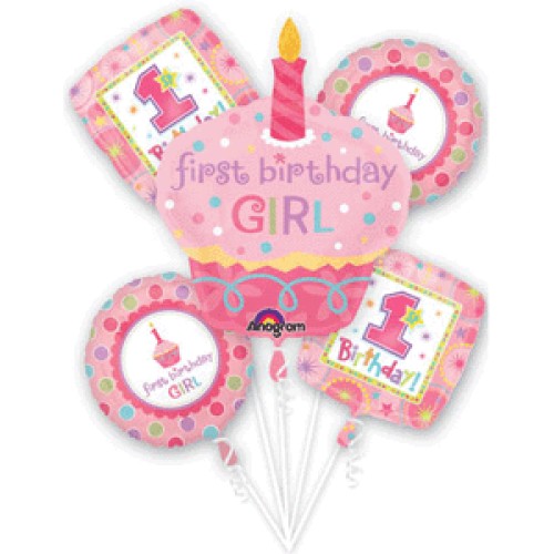 Giant 1st First Birthday Girl Cupcake Balloon Bouquet