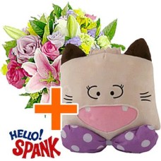 Hello Spank Kitty Pillow + Flowers (Classic Composition)