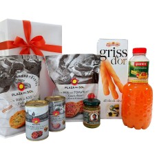 Gift package with Italian and Spanish snacks and fruit juice
