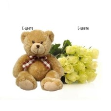 Bouquet of white roses and Teddy Bear