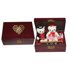 Couple Love Hamper- Pair of teddies and chocolates in Leather Hamper box