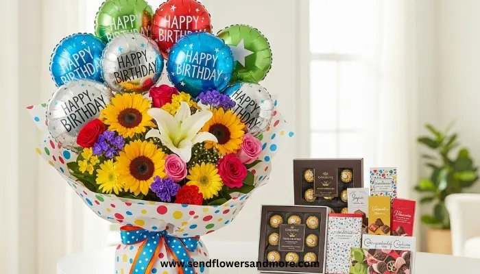 Colorful birthday flower bouquet with balloons and chocolate gifts
