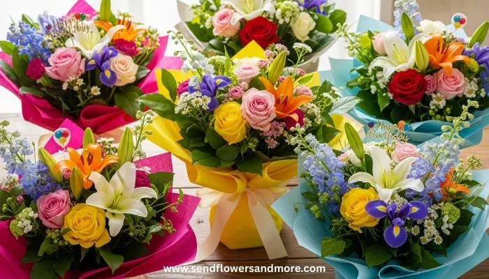 Multiple colorful birthday bouquets with roses, lilies, and mixed flowers