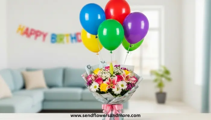 Helium balloons tied to flower bouquet