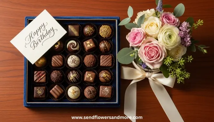 Premium chocolates arranged with birthday flowers