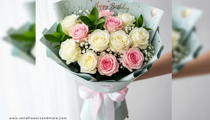 Beautiful bouquet combining white and soft pink roses with birthday wrapping