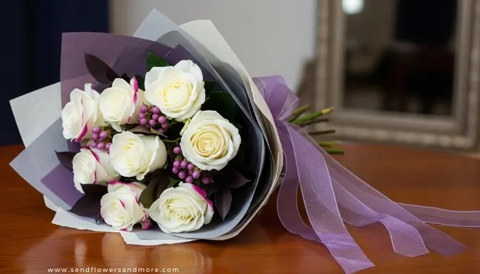 Sophisticated bouquet featuring white roses with purple