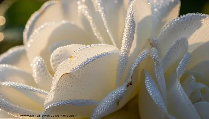 close-up of white rose petals with morning dew