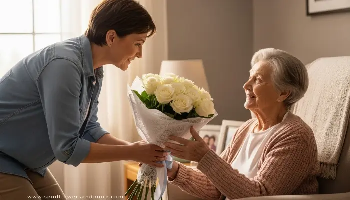 Adult child presenting white rose bouquet