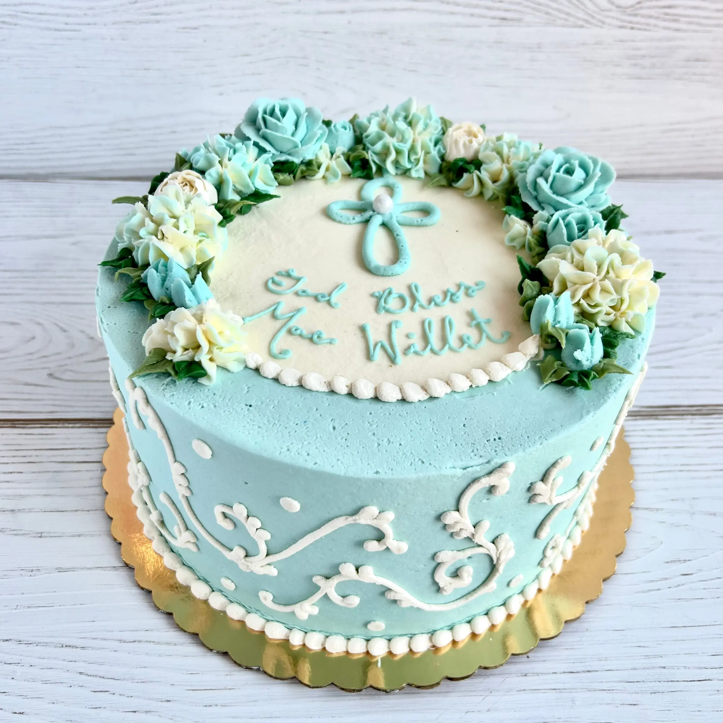 God Bless Cross with Roses & Scrollwork Cake