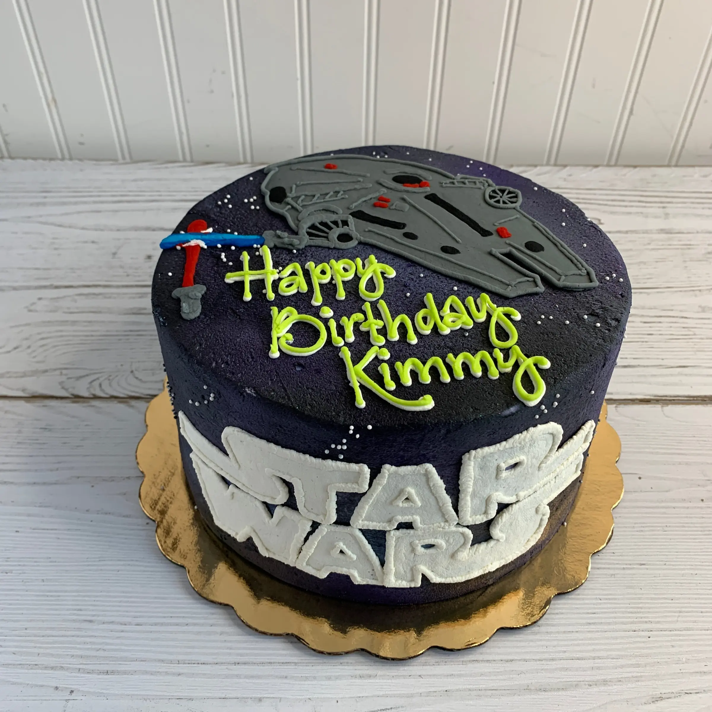 Star Wars Logo with Light Sabers & Millennium Falcon Cake