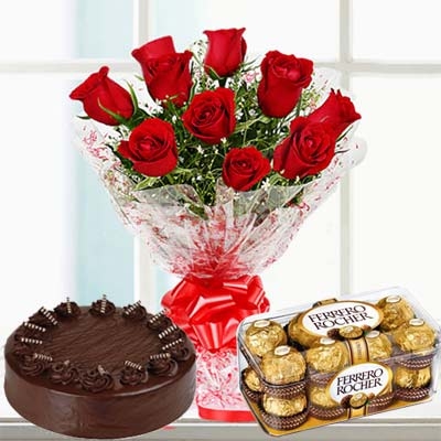 Red Roses N Cake With Ferrero Rocher (As Shown)