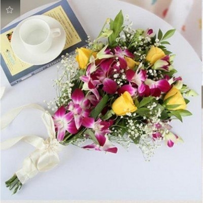 Bunch Of 5 Purple Orchids With 5 Yellow Roses (As Shown)