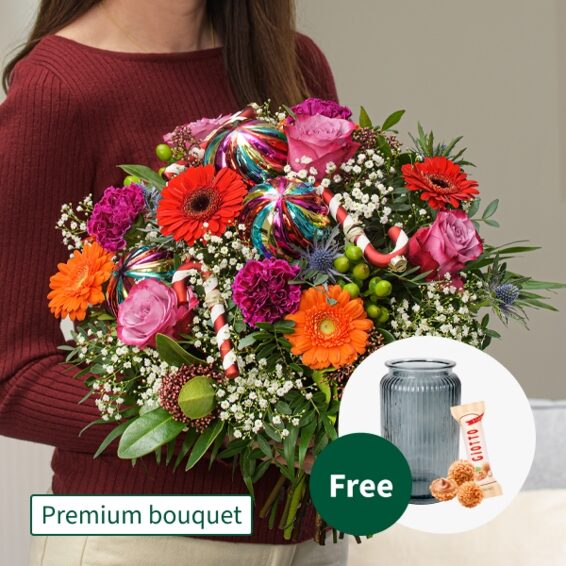 Premium Bouquet Feliz Navidad with Premium Vase & 3 Ferrero Giotto
