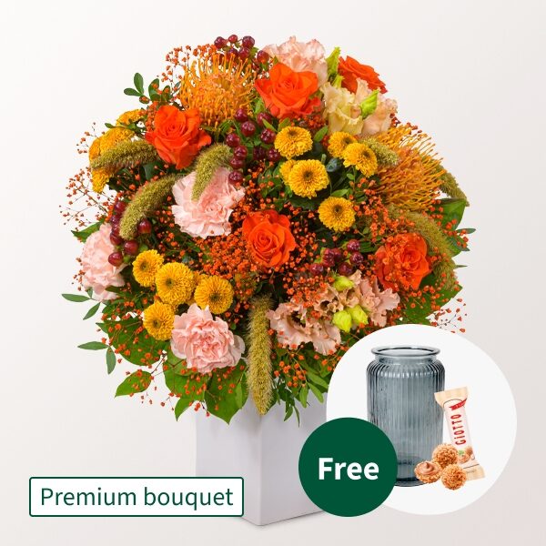 Premium Bouquet Herbststrahlen with Premium Vase & 3 Ferrero Giotto