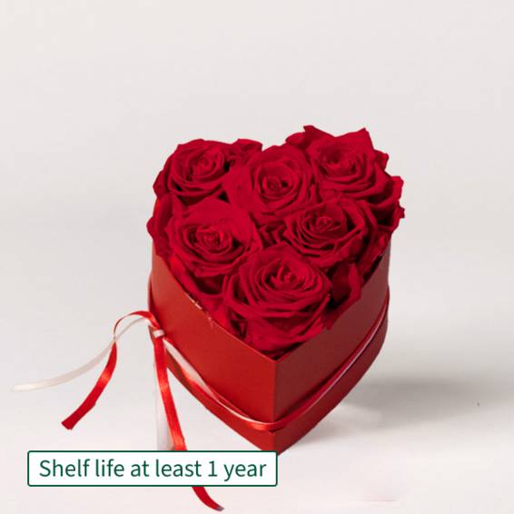 6 long-lasting red roses in a heart-shaped box