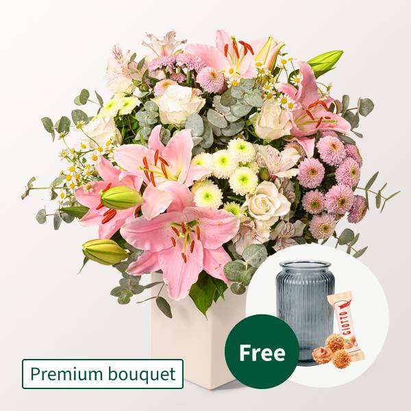 Premium Bouquet Ich danke Dir with Premium Vase & 3 Ferrero Giotto