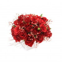 Red roses in a white cubic vase