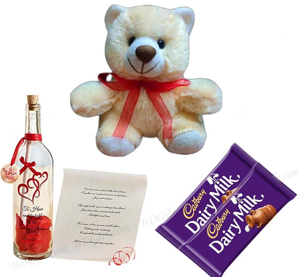 Teddy bear W/ Message in a Bottle and Chocolate