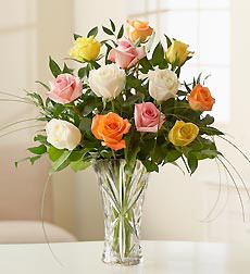 1 Dozen Multicolor Roses In Vase