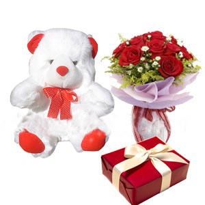 1 Dz Red Roses WithChocolate And Bear