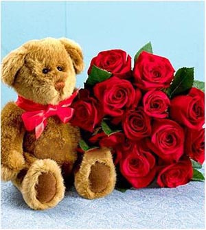 3 Dz Red Roses With Teddy Bear