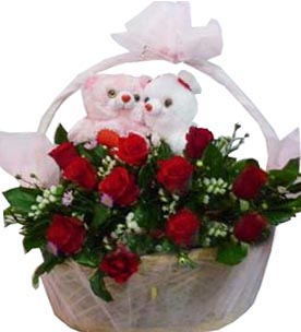 Red Roses In Basket With Pair Bear