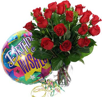 Roses In Vase With Birthday Balloon