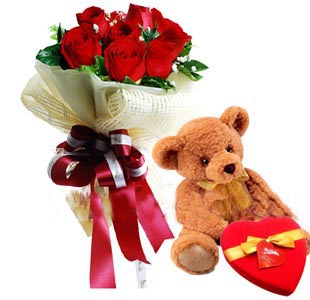 Six Pcs Red Roses With Chocolate And Bear