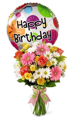 Birthday Balloon With 2 Dz Roses And Gerberas In A Vase