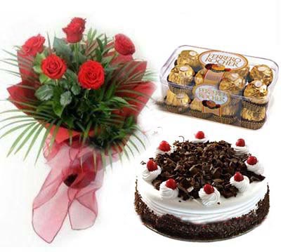 Skylark- 2.2 Pounds Black Forest Cake With 6 Pcs Red Roses And Ferrero Rocher Chocolate