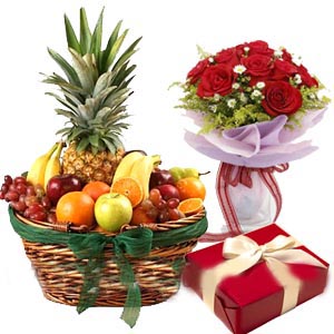 Fruit Basket With 1 Dz Red Roses And Chocolate