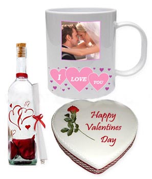 Valentine Heart Shaped Cake, Message In A Bottle And Ceramic Picture Mug