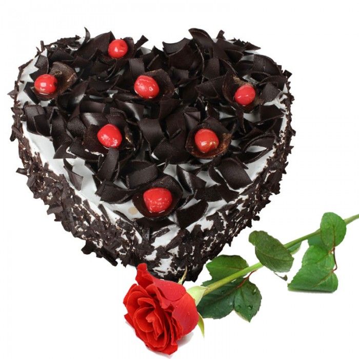 Black Forest Heart Cake With 1 Piece Red Rose