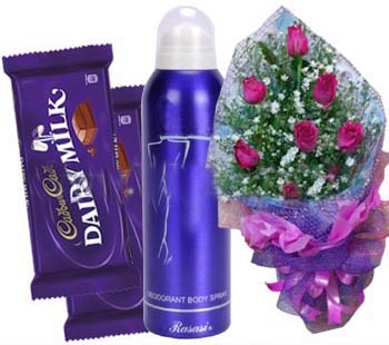 Roses With Women'S Body Spray And Chocolate