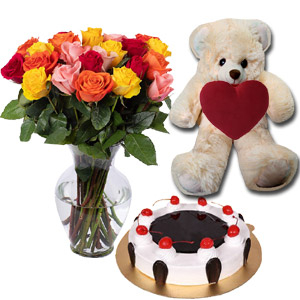 Swiss - Black Forest Cake W/Bear & 24 mix roses in vase