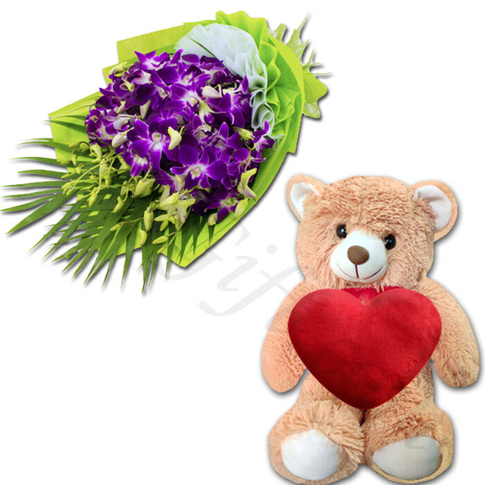 Teddy Bear w/ Red Heart & orchids in bouquet