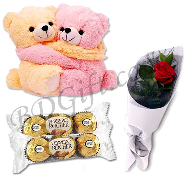 (001) Twin Bear W/ 1 Piece Rose & Chocolate