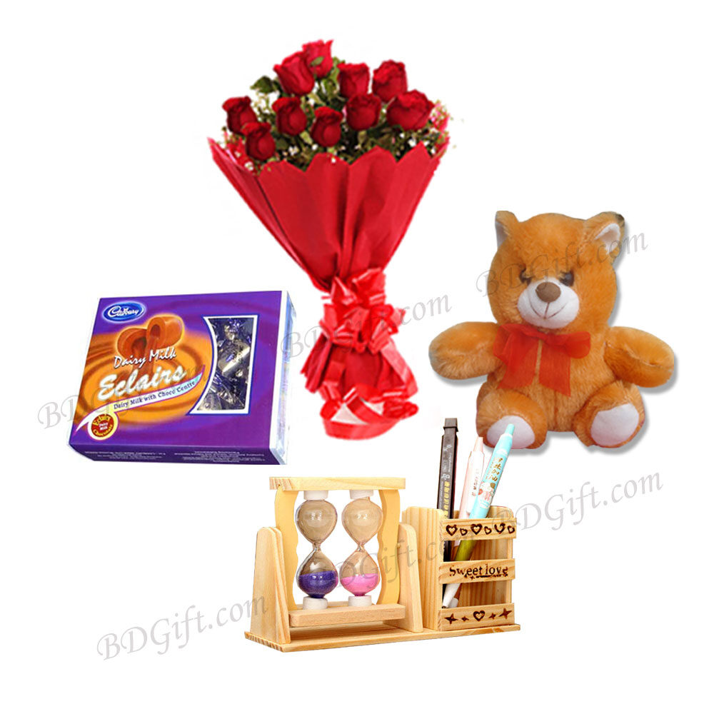 Flower W/ Chocolate, Pen Holder & Teddy Bear