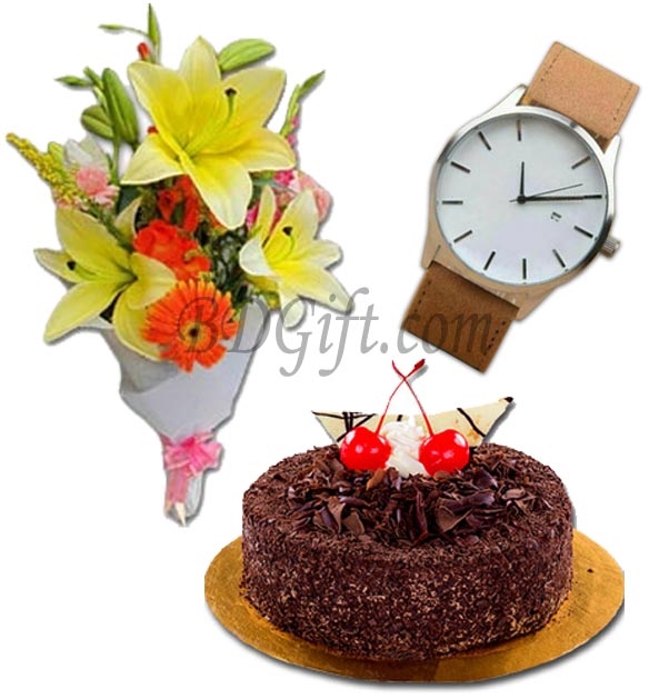 Mixed Flowers W/ Cake & Watch