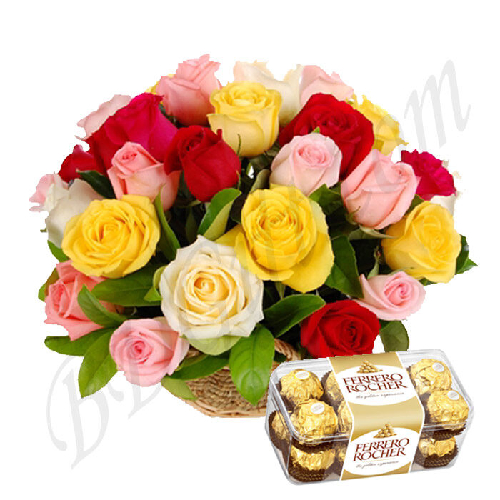 Multicolor Rose Basket W/ Ferrero Rocher Chocolate