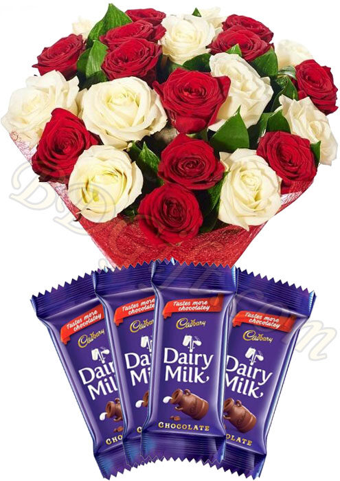 2 dozen white and red roses mix W/Chocolate