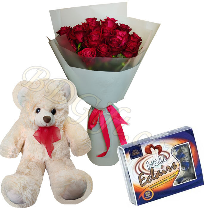1 dz Red Roses W/Chocolate and Bear