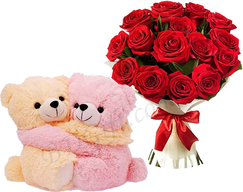 Twin Bear W/ 1 Dozen Red Roses