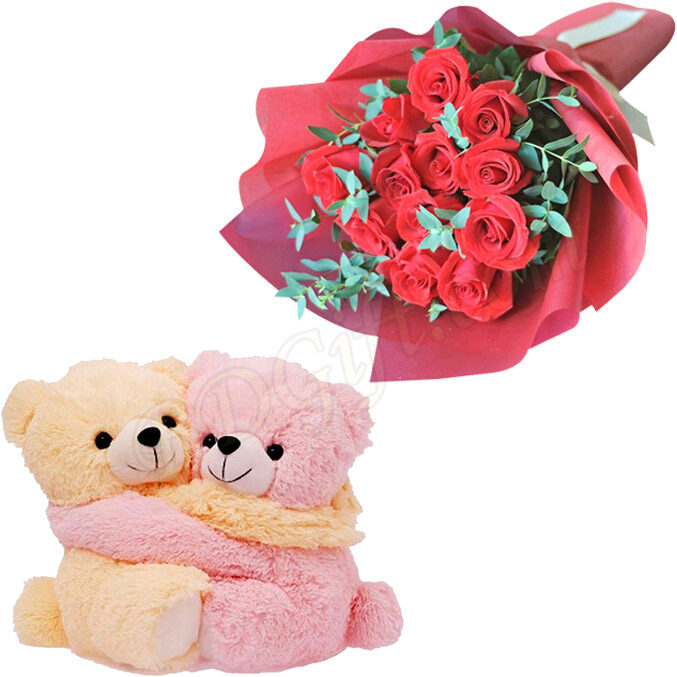 1 Dozen red roses W/ Twin bear