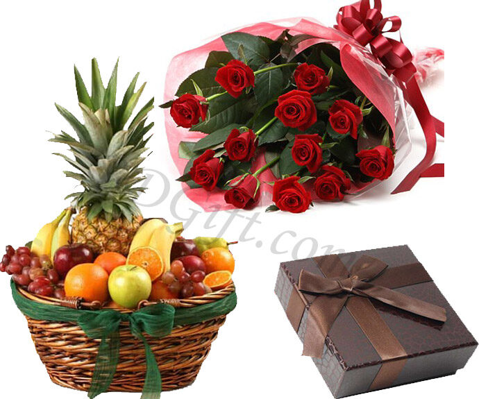 (21) Fruit Basket W/ 1 dz Red Roses & Chocolate